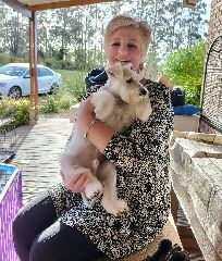 The owner with her white miniature schnauzer